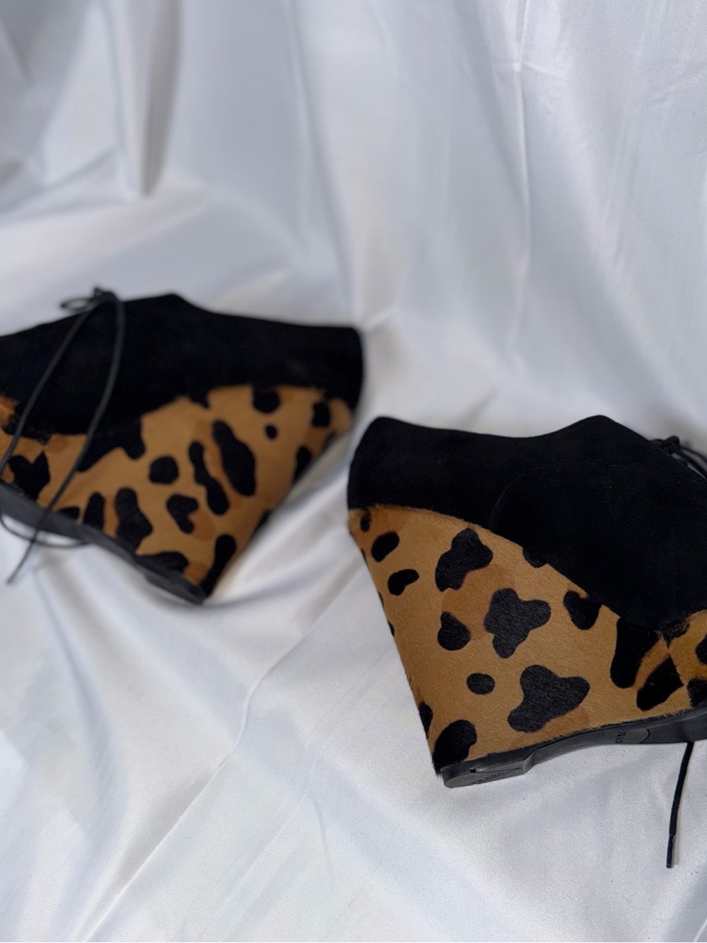 Prada Black Suede Peep-Toe Lace-Up Wedges with Leopard-Print Platform - Picture 4 of 6
